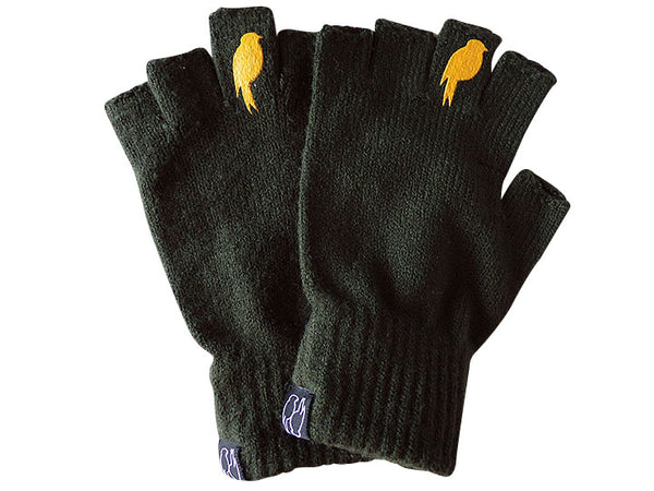 Stacked Army Green Fingerless Gloves with a Yellow colored bird on the middle finger