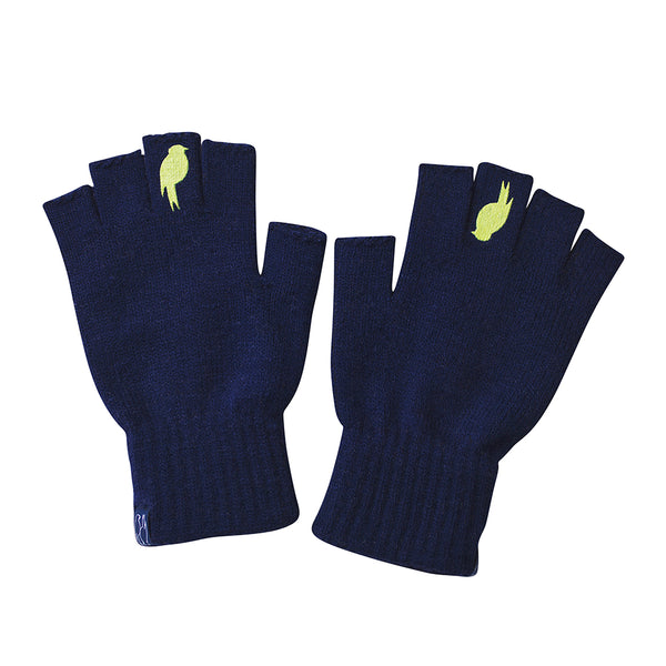 Two Navy Fingerless Gloves with a Lime colored bird on the middle finger laying flat