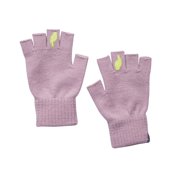 Two pink fingerless gloves with a lime colored bird on the middle finger. 