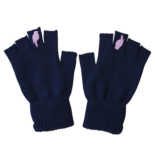 Two Navy Fingerless Gloves with a Pink colored bird on the middle finger laying flat 