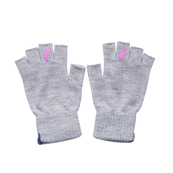 Two Grey Fingerless Gloves with a Pink colored bird on the middle finger Laying flat