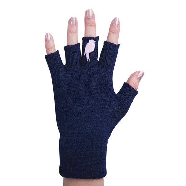 Navy Fingerless Gloves with a Pink colored bird on the middle finger; Nail color Pink