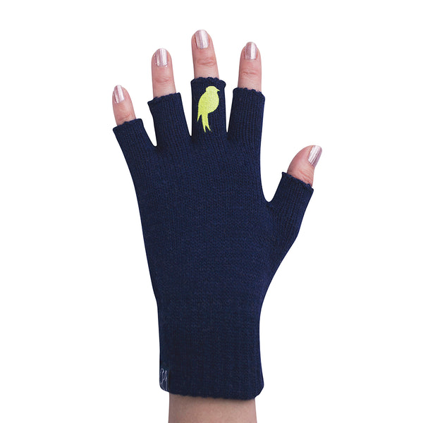 Navy Fingerless Gloves with a Lime colored bird on the middle finger; Nail color Pink