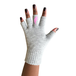 Grey Fingerless Gloves with a Pink colored bird on the middle finger; Nail color Dark Red