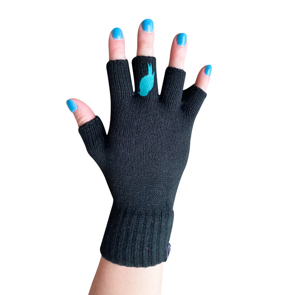 Black Fingerless Gloves with a teal colored bird on the middle finger; Nail color is a blue