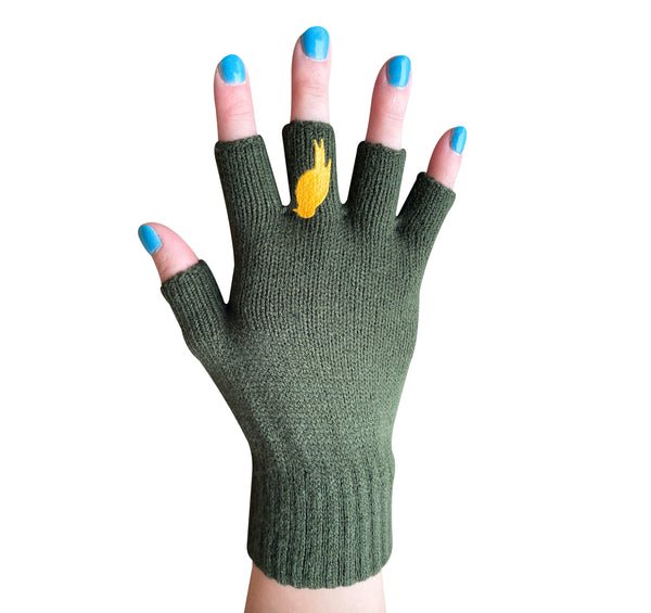 Army Green Fingerless Gloves with a Yellow colored bird on the middle finger; Nail color Blue