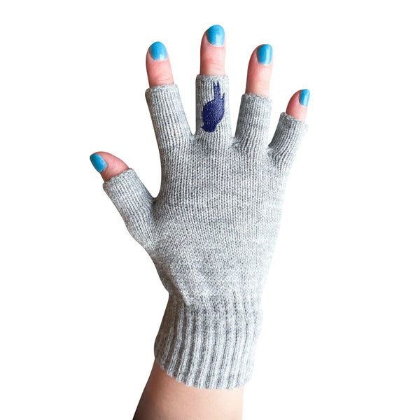 Grey Fingerless Gloves with a Navy colored bird on the middle finger; Nail color Blue
