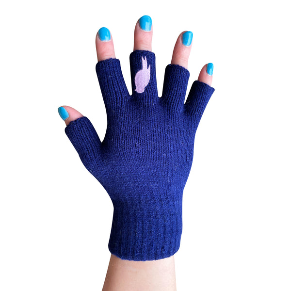 Navy Fingerless Gloves with a Pink colored bird on the middle finger; Nail color Blue