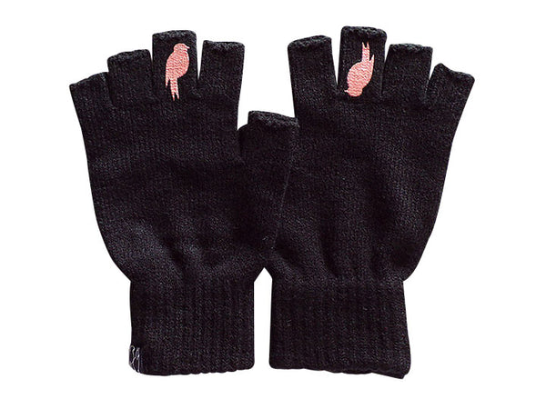 Two Black Fingerless Gloves with a Coral colored bird on the middle finger