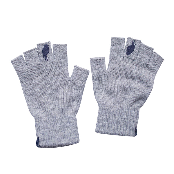 Two Grey Fingerless Gloves with a Navy colored bird on the middle finger laying flat