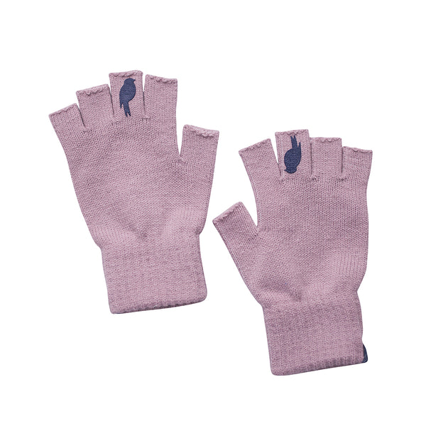 Two Pink Fingerless Gloves with a Navy colored bird on the middle finger; Laying flat side by side