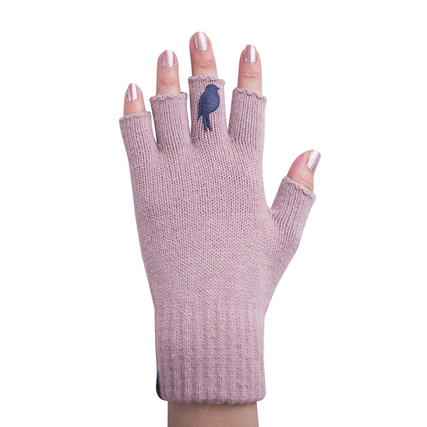 Pink Fingerless Gloves with a Navy colored bird on the middle finger; Nail color Pink