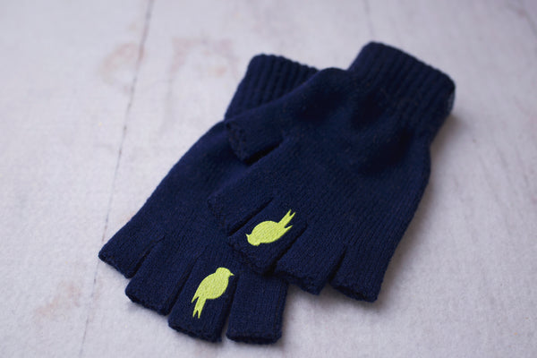 Stacked Navy Fingerless Gloves with a Lime colored bird on the middle finger