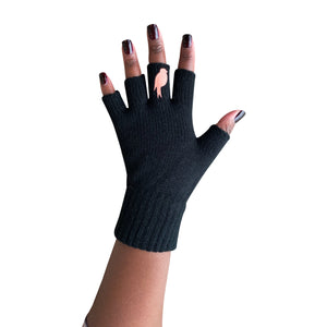 Black Fingerless Gloves with a Coral colored bird on the middle finger; Nail color is a dark red