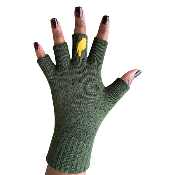 Army Green Fingerless Gloves with a Yellow colored bird on the middle finger; Nail color Dark Red