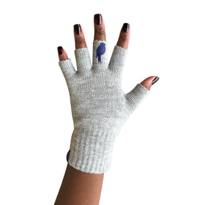 Grey Fingerless Gloves with a Navy colored bird on the middle finger; Nail color Dark Red