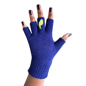Navy Fingerless Gloves with a Lime colored bird on the middle finger; Nail color Dark Red