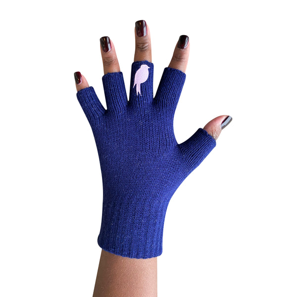 Navy Fingerless Gloves with a Pink colored bird on the middle finger; Nail color Dark Red