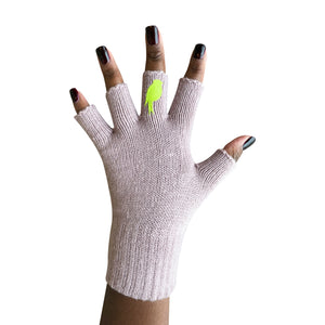 Pink Fingerless Gloves with a Lime colored bird on the middle finger; Nails are polished dark red. 