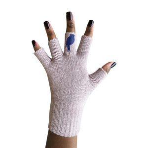Pink Fingerless Gloves with a Navy colored bird on the middle finger; Nail color Dark Red