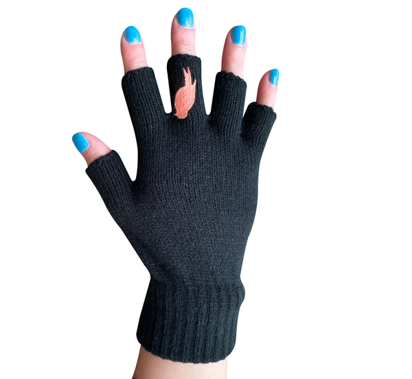Black Fingerless Gloves with a Coral colored bird on the middle finger; Nail color is blue