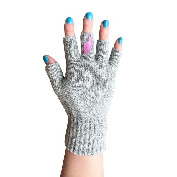 Grey Fingerless Gloves with a Pink colored bird on the middle finger; Nail color Blue