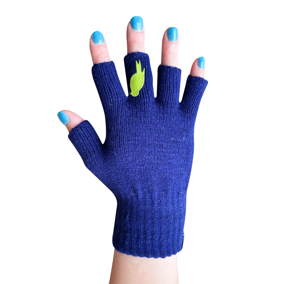 Navy Fingerless Gloves with a Lime colored bird on the middle finger; Nail color Blue