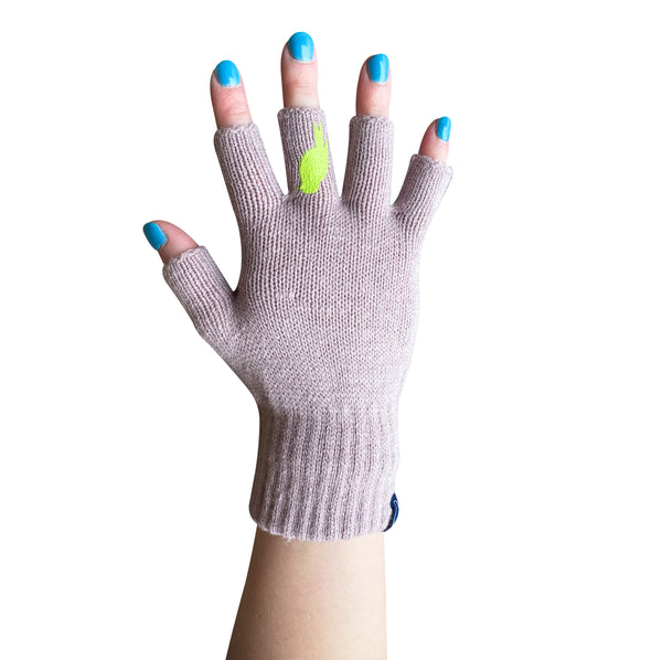 Pink Fingerless Gloves with a Lime colored bird on the middle finger; Nails are polished Teal. 
