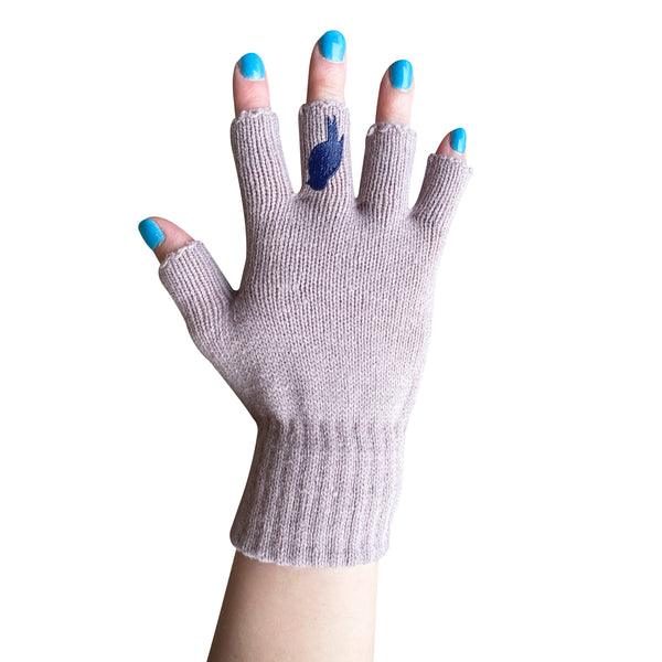 Pink Fingerless Gloves with a Navy colored bird on the middle finger; Nail color Blue
