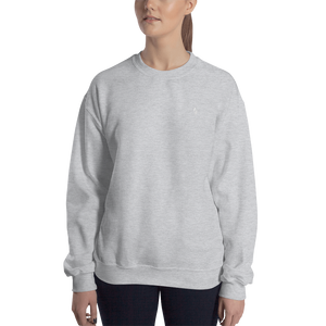 Comfy AF Grey sweatshirt with two grey embroidered birds on the top right corner of the sweatshirt. Picture shown on small stature female.