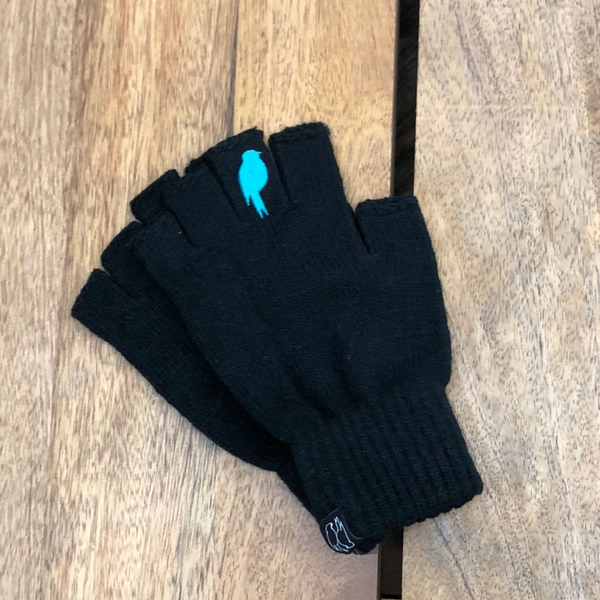 Two Black Fingerless Gloves with a teal colored bird on the middle finger