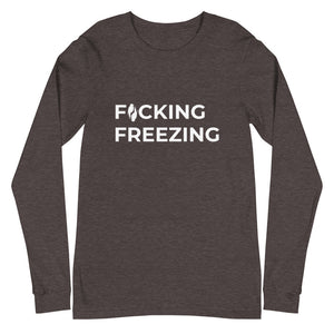Grey long sleeved Tee with F*cking Freezing embroiders in white front and slightly adjusted left on the shirt. 